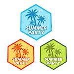 enjoy summer party banners - text in blue, orange, green grunge drawn flat design hexagons labels with palms symbol, holiday seasonal concept