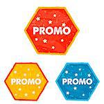 promo and stars labels - text in red, yellow, blue grunge drawn flat design hexagons banners, business shopping concept