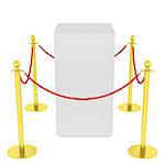 Golden fence, stanchion with red barrier rope, isolated on white background. 3D illustration