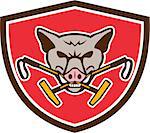 Illustration of an angry wild pig hog head biting crossed polo mallet viewed from front set inside shield crest on isolated background done in retro style.
