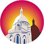 WPA style illustration of a Catholic church dome cathedral set inside circle  done in retro style.