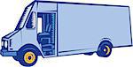 Illustration of a closed delivery van truck viewed from the side set on isolated white background done in retro woodcut style.