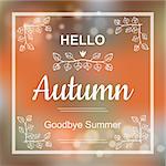 Hello Autumn orange card design with a textured abstract background and text in square frame, vector illustration. Lettering design element