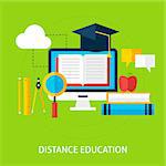 Distance Education Concept. Flat Design Vector Illustration. Online Tutorial and School Study Poster.