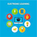 Electronic Learning Infographic Concept. Vector Illustration of Online Education Infographics Circle with Laptop and Circle Icons. Flat Design and Outline.
