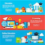 Online Education and Electronic Learning Horizontal Banners. Vector Illustration for Website Header. Web Tutorial and School Items Flat Design.