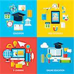 Online Education and Learning Service Concepts Set. Flat Design Vector Illustration. Collection of Online Tutorial and School Education Posters.