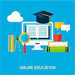 Online Education Concept. Flat Design Vector Illustration. Online Tutorial and School Studying Poster.