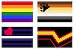 LGBT Pride flags. Gay Pride Rainbow flag. Bear Brotherhood flag. Leather Pride flag, black and blue with love. Rubber Pride flag, also known as Latex Pride flag. Illustration on white background.