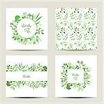 Set of four herbal card templates. Square cards vector illustration. Green round and square frame with collection of plants. Silhouette of branches isolated on white background
