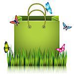 Green paper shopping bag on the meadow grass with butterflies. Vector illustration.