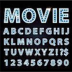 Vector blue neon lamp letters font show cinema or theather on black background