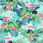 Tropical summer seamless pattern with flamingo birds and jungle flowers, vector illustration