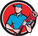 Illustration of a plumber in overalls and hat standing looking to the side holding monkey wrench viewed from front set inside circle on isolated background done in cartoon style.