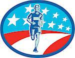 Illustration of a marathon runner viewed from front set inside oval shape with usa flag stars and stripes in the background done in retro woodcut style.