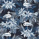 Indigo tropical summer seamless pattern with flamingo birds and exotic flowers, vector illustration