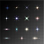 Collection of vector colorful flare light effects on transparent background.