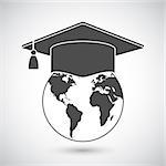 Graduation cap or mortar board on top of world globe. Vector education icon