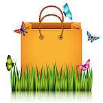 Orange paper shopping bag on the meadow grass with butterflies. Vector illustration.