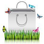 Gray paper shopping bag on the meadow grass with butterflies. Vector illustration.