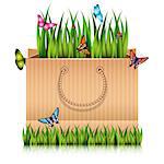 Paper shopping bag with fragment of grass on the lawn peace with butterflies. Vector illustration.