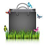Paper shopping bag on the meadow grass with butterflies. Vector illustration.