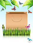 Paper shopping bag under the tree on the meadow grass with butterflies. Vector illustration.