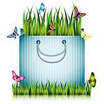 Paper shopping bag with fragment of grass on the lawn peace with butterflies and ladybugs. Vector illustration.