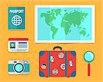 Travelers suitcase, earth map, passports, Travel and vacations concept