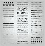 Set of Hand Drawn Black Doodle Line Borders. Rustic Decorative Design Elements, Florals, Dividers, Arrows, Swirls, Scrolls on Textured Background. Sketched Vector Illustration.