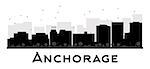 Anchorage City skyline black and white silhouette. Vector illustration. Simple flat concept for tourism presentation, banner, placard or web site. Business travel concept. Cityscape with famous landmarks
