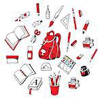Vector set - backpack, books, brushes, paints, pencils and other school pack. Hand-drawn illustration.