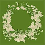 wreath of vector italian cuisine elements. Hand drawn silhouette on green background. Italian food. Vegetables and herbs, olive oil, tomatoes, garlic. Detailed, for restaurant menu or cards design