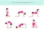 Vector set of basic yoga asanas, yoga for beginners, woman figure doing exercises, 6 asanas