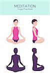 Vector set of woman figure sitting in meditation, yoga practice, relaxation pose, detailed figure and silhouette