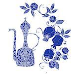 Oriental traditional patterned jug, Flowering branch and pomegranate fruits as detailed silhouette blue on white background Vector illustration. The best for your design, textiles, posters, t-shirt