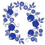 Oriental traditional patterned frame branch and pomegranate fruits as detailed silhouette blue on white background Vector illustration. The best for your design, textiles, posters, t-shirt