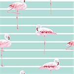 Hand drawn pink flamingo seamless pattern with stripes, vector illustration