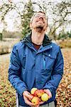 Sweden, Vastra Gotaland, Sandared, Man holding apples in orchard