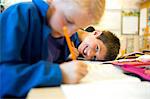 Sweden, Uppland, Norrmalm, Two boys (8-9) in classroom