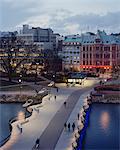 Sweden, Skane, Malmo, Sodertull, Bridge over canal at dusk