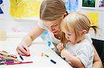Mother and daughter (2-3) drawing together