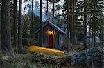 Finland, Pirkanmaa, Ruovesi, Yellow rowboat in front of wooden cottage in forest