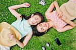 Two women lying on the grass