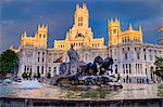 Fountain and Plaza de Cibeles Palace (Palacio de Comunicaciones), Plaza de Cibeles, Madrid, Spain, Europe