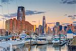 Paulus Hook, Morris Canal Basin, Liberty Landing Marina, with New York skyline of Manhattan, Lower Manhattan and World Trade Center, Freedom Tower beyond, Jersey City, New Jersey, United States of America, North America