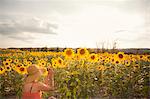 Italy, Tuscany, Woman taking photo of sunflower field