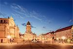 Germany, Berlin, Gendarmenmarkt, Illuminated town square at dusk