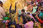 Crowd throwing flower petals during the Flower Holi Festival, Vrindavan, Uttar Pradesh, India, Asia