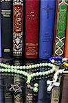 Bibles and Quran, interfaith symbols of Christianity, Islam and Judaism, the three monotheistic religions, Haute-Savoie, France, Europe